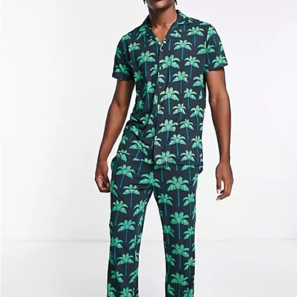 Chelsea Peers Men’s Large Pajamas Navy Blue Green Palm Trees New With Tags